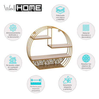 Wellhome Estantería Pared Madera Metal Redonda Oro