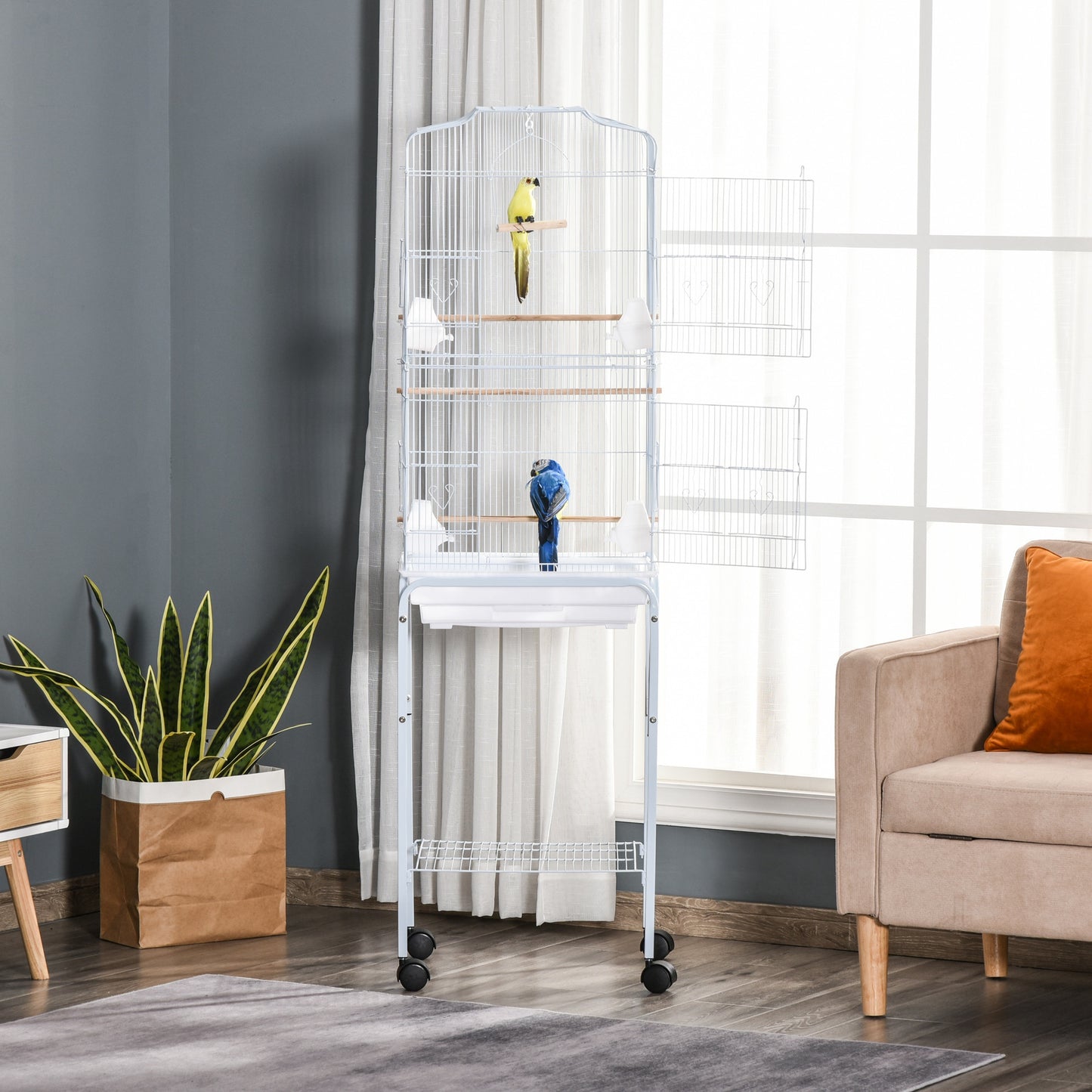 Pawhut Jaula Para Pájaros Con Soporte 4 Ruedas Y Comederos 46,5x36x157 Cm Blanco_3