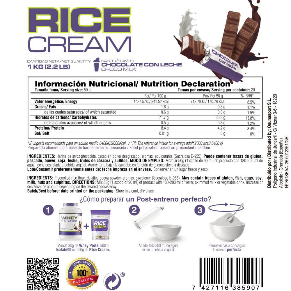 Rice Cream (crema De Arroz Pregelatinizada) - 1kg - Chocolate Con Leche - Fuente De Carbohidratos De Buen - Masmusculo S_4
