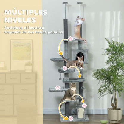 Pawhut Árbol Para Gatos De Suelo A Techo De 225-255 Cm Con Altura Ajustable Gris_5