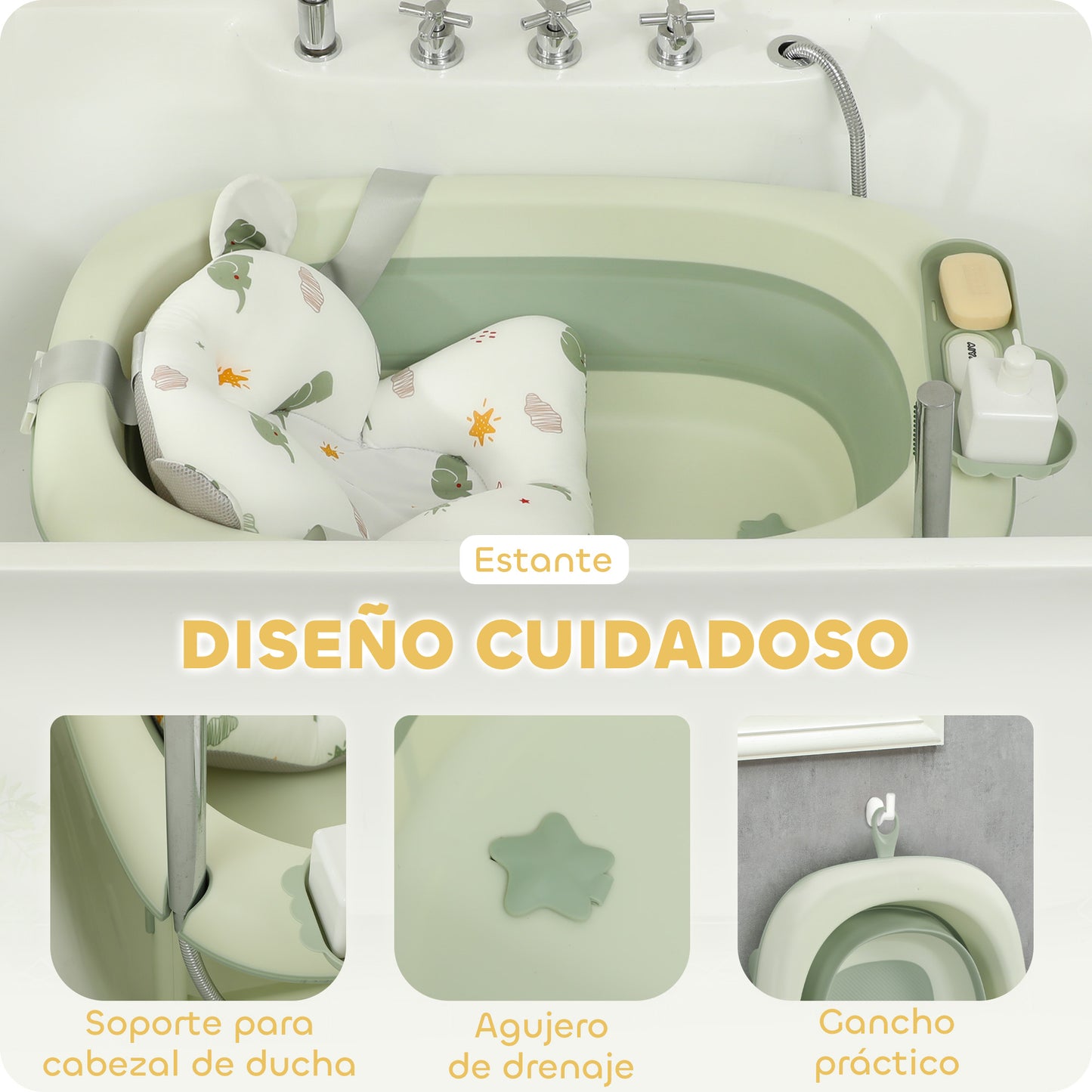 Aiyaplay Bañera Plegable Bebé Con Cojín De Baño Soporte Antideslizante Verde_5