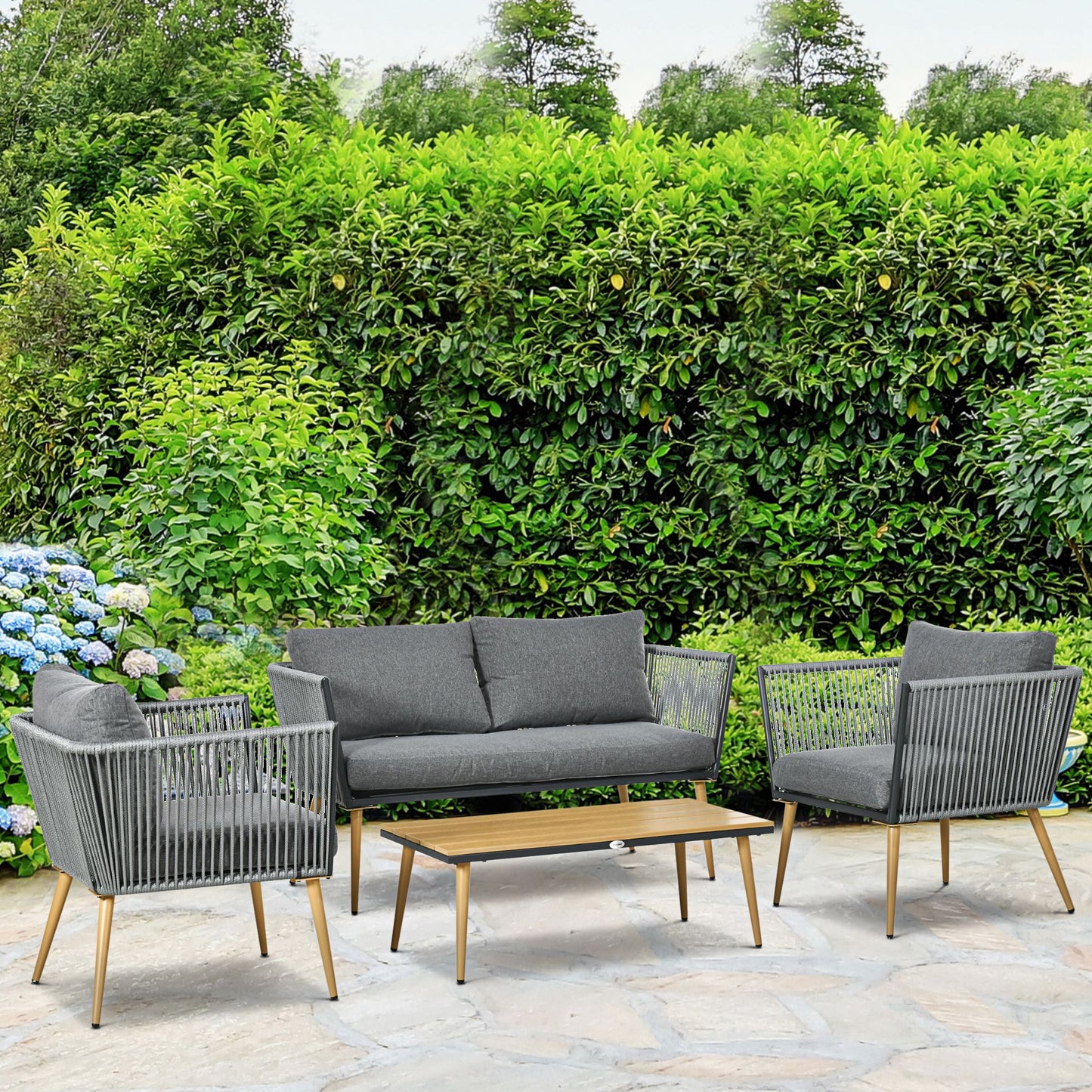 Outsunny Juego De Muebles De Jardín De Ratán Con Sofá Doble 2 Sillones Mesa_1