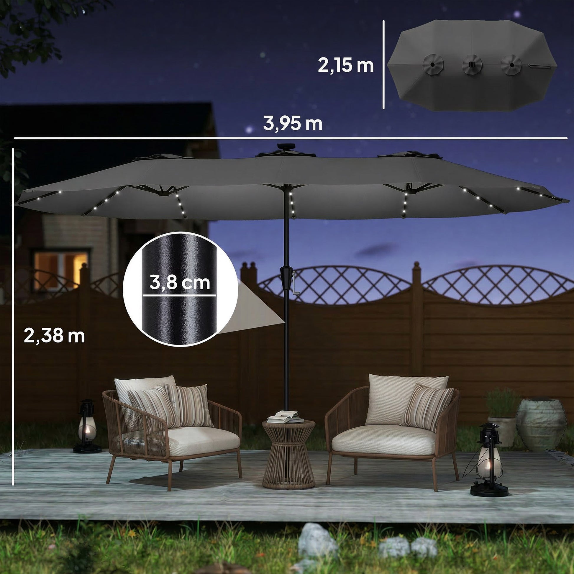 Outsunny Sombrilla Doble 4x2 M Con 36 Luces Led Manivela Upf50+ Gris Oscuro_2