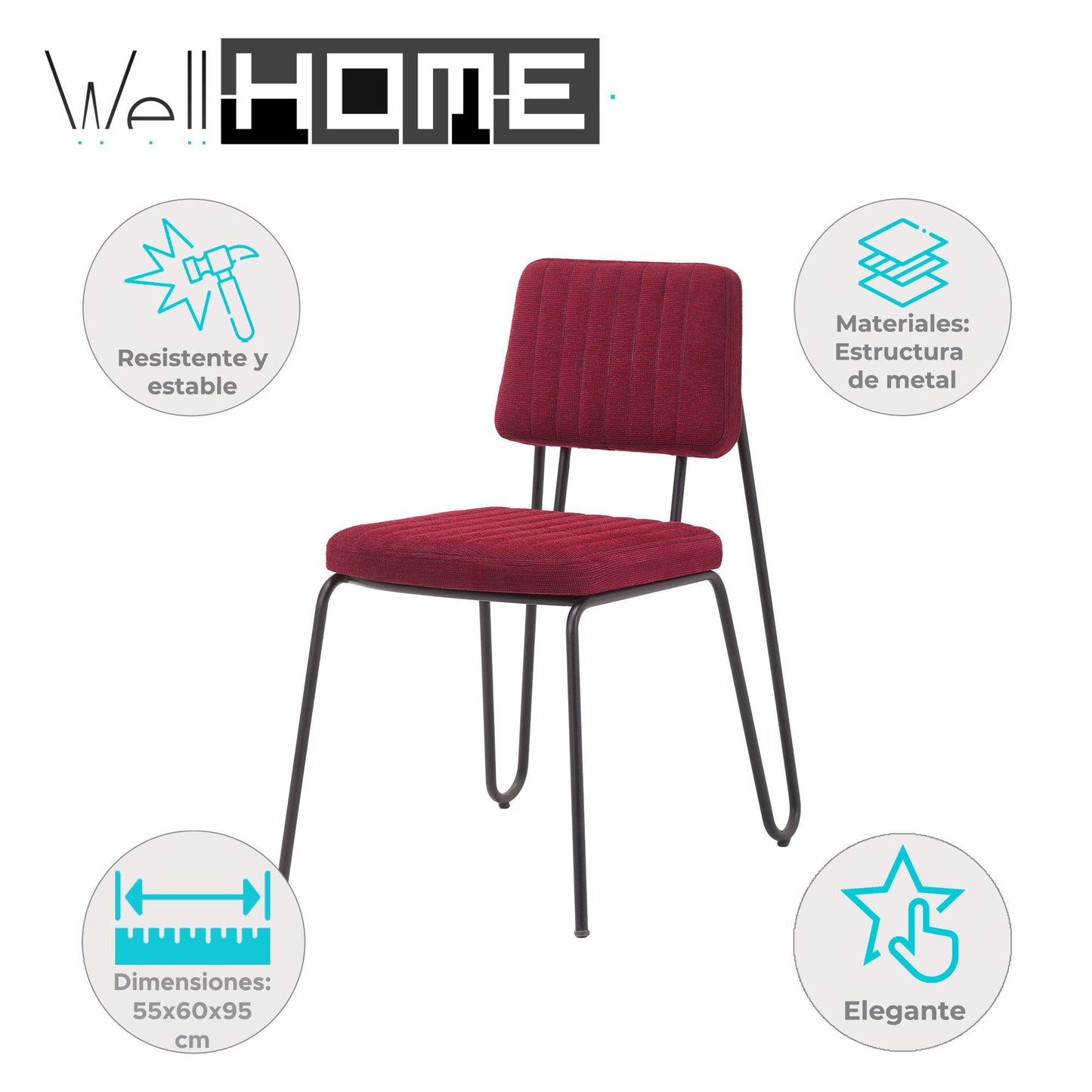Silla Lona Granate Y Negra - Diseño Minimalista 55x60x95cm - Well Home_1