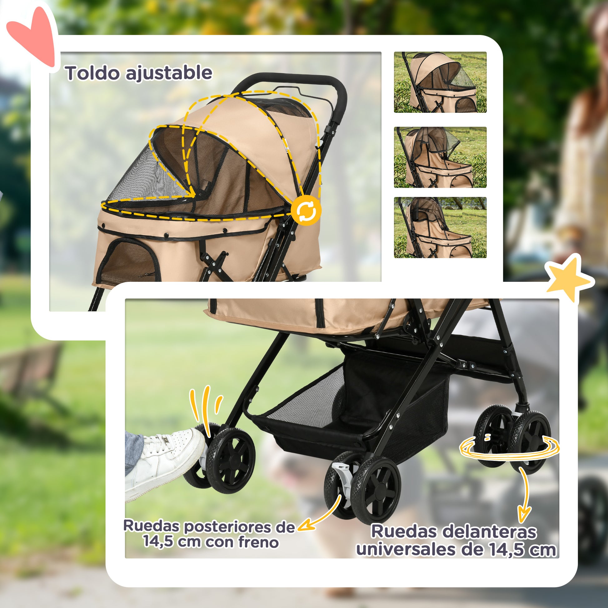 Pawhut Cochecito Para Mascotas Plegable Con Mango Reversible 76,5x52x95cm Marrón_5