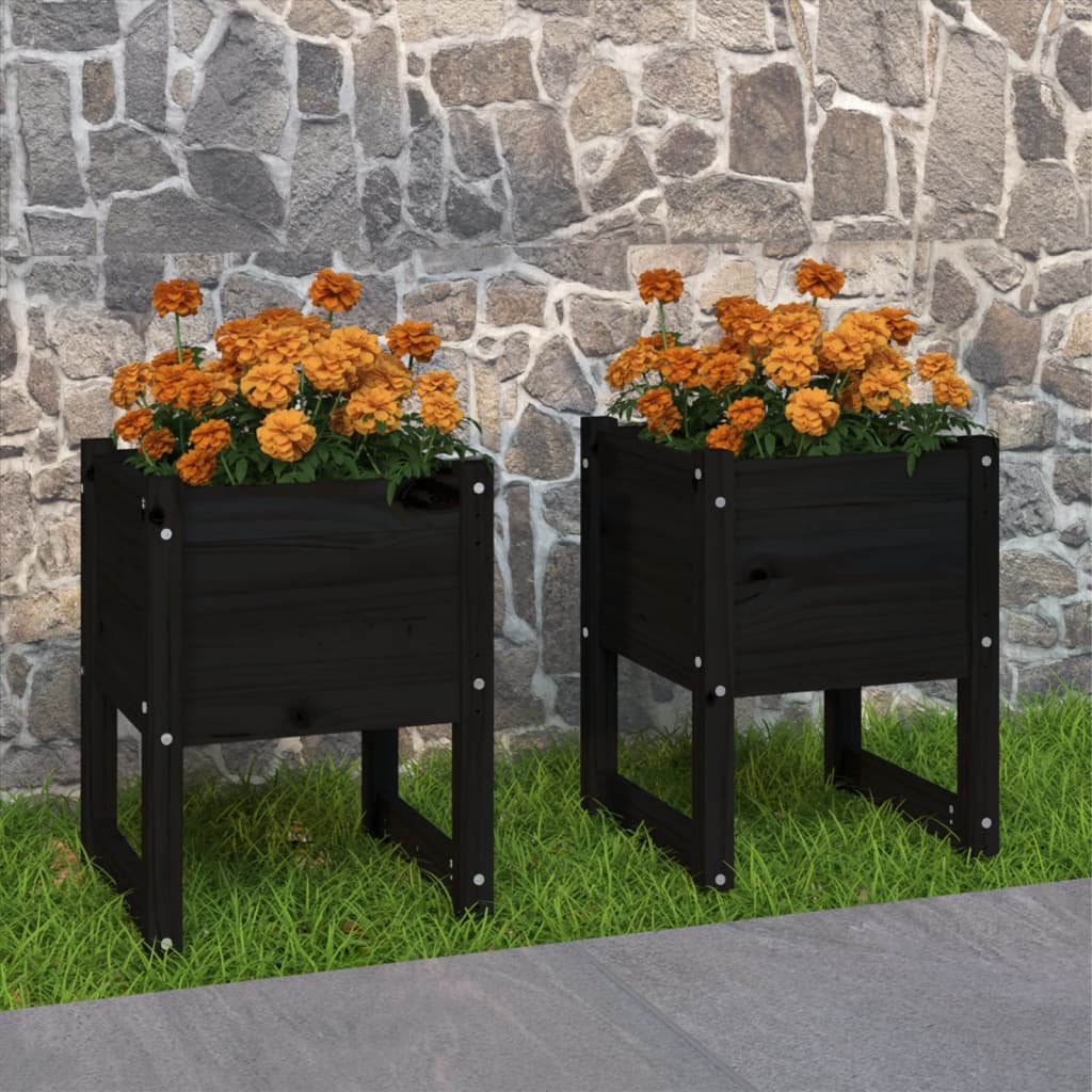 Jardinera 2 Unidades Madera Maciza De Pino Negro 40x40x52,5 Cm_1