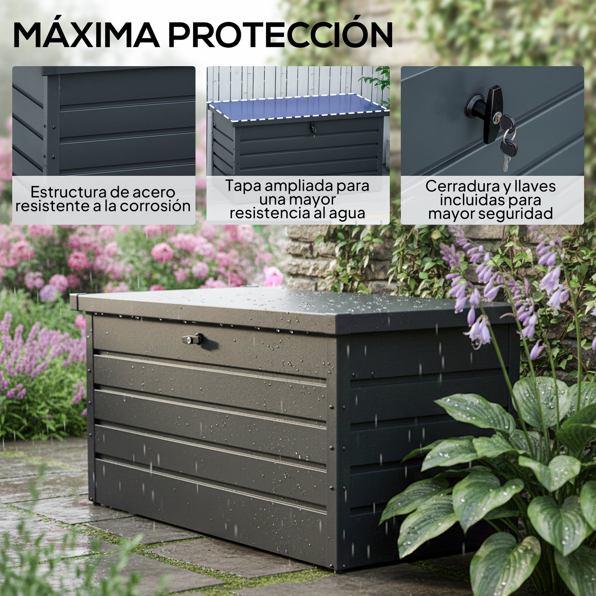Outsunny Arcón Exterior 311l De Acero Con Cerradura Pistones Neumáticos Gris_5