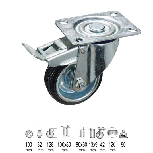 Rueda Industrial Goma Negra Placa Con Freno 100mm