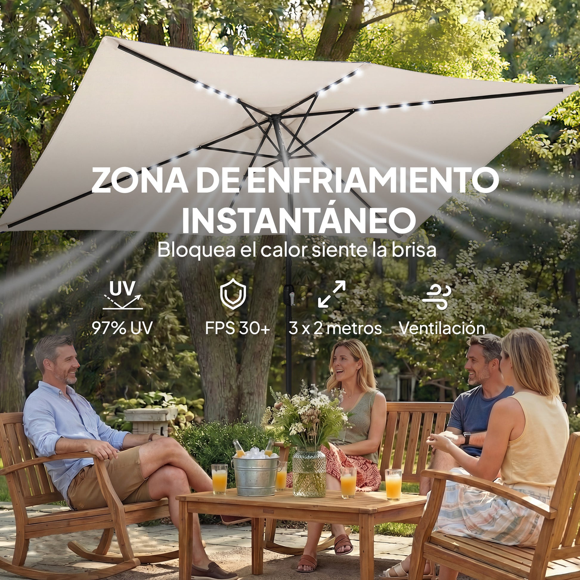 Outsunny Sombrilla Terraza Exterior Con 24 Luces Led Solares 2,9x2,5 M Crema_5