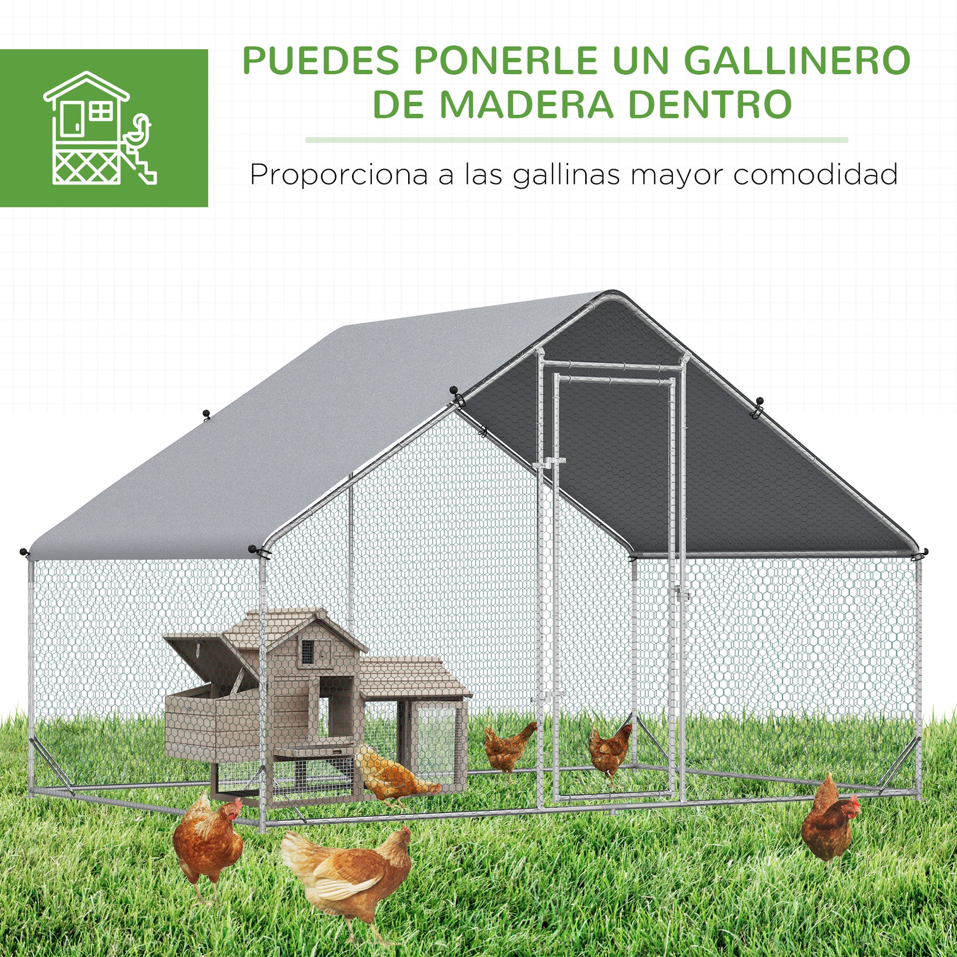 Pawhut Gallinero Para Exterior 3x2x2m Con Cubierta De Pe Y Cerradura Plata_4