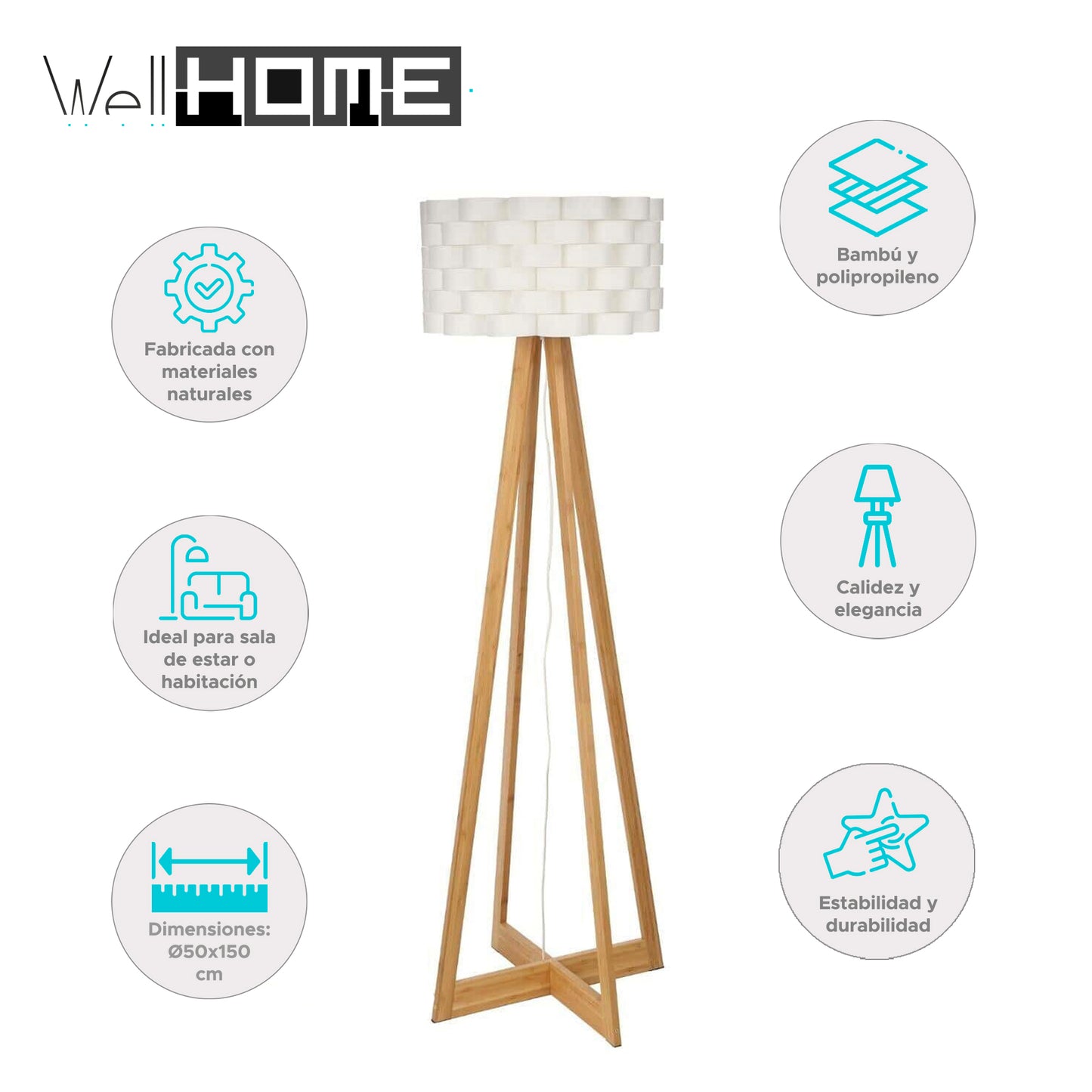 Well Home - Lámpara De Pie En Bambú Color Blanco Ø50x150cm