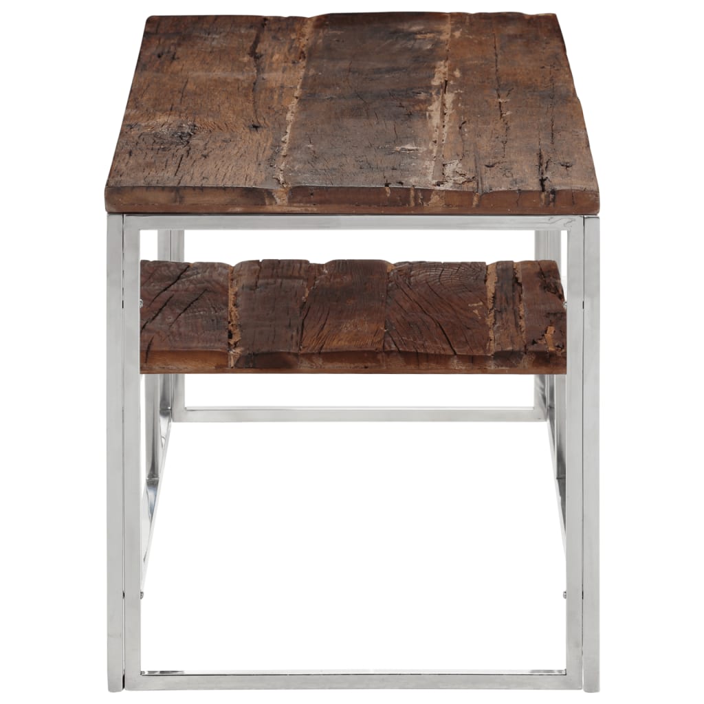 Mesa De Centro Acero Inoxidable Madera Maciza Traviesa Plateado_1