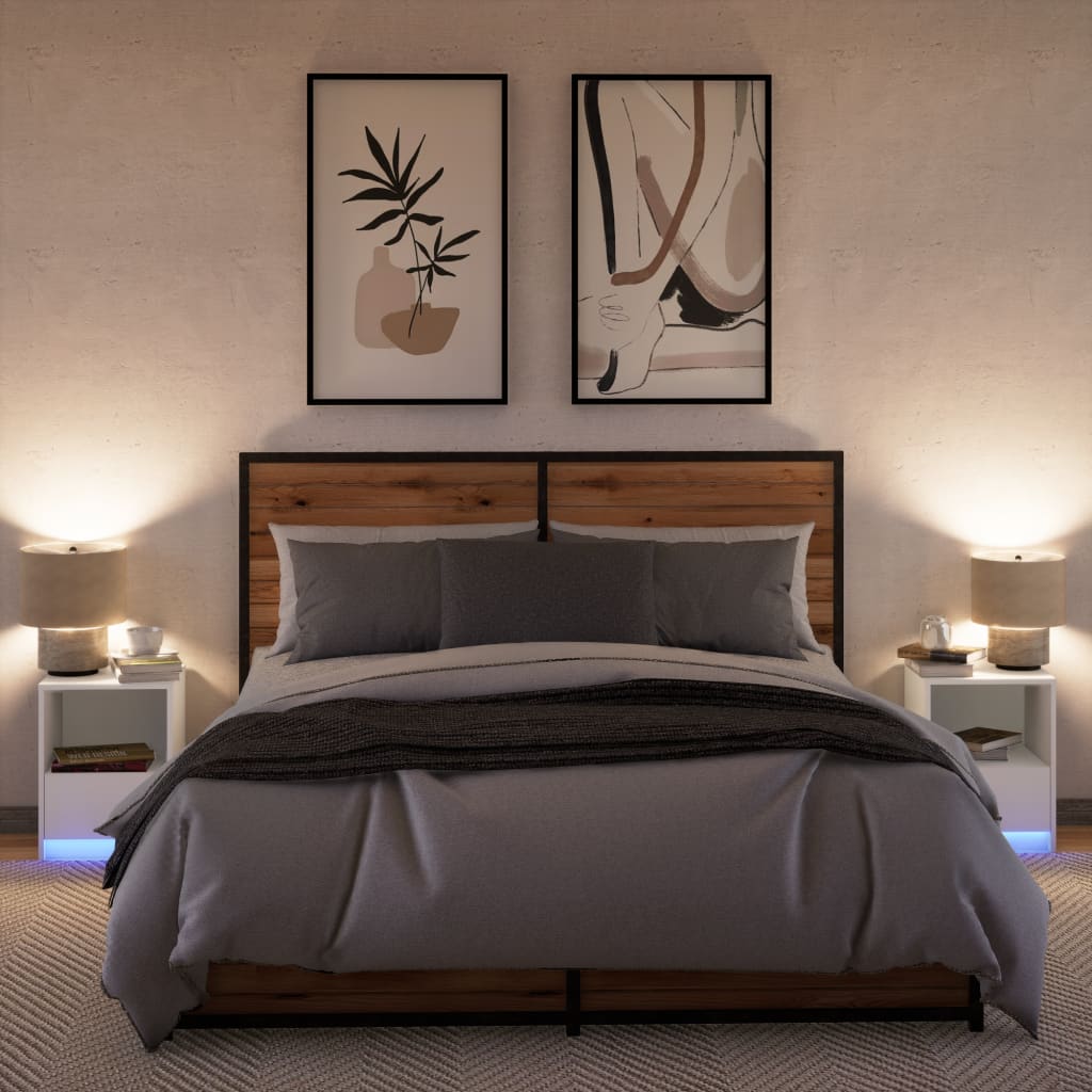 Mesitas De Noche Con Luces Led 2 Uds Madera Ingeniería Blanca_3