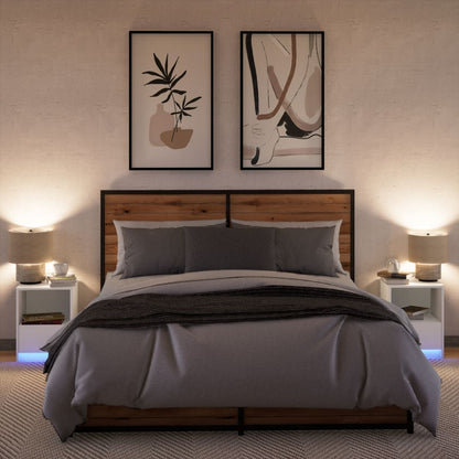 Mesitas De Noche Con Luces Led 2 Uds Madera Ingeniería Blanca_3