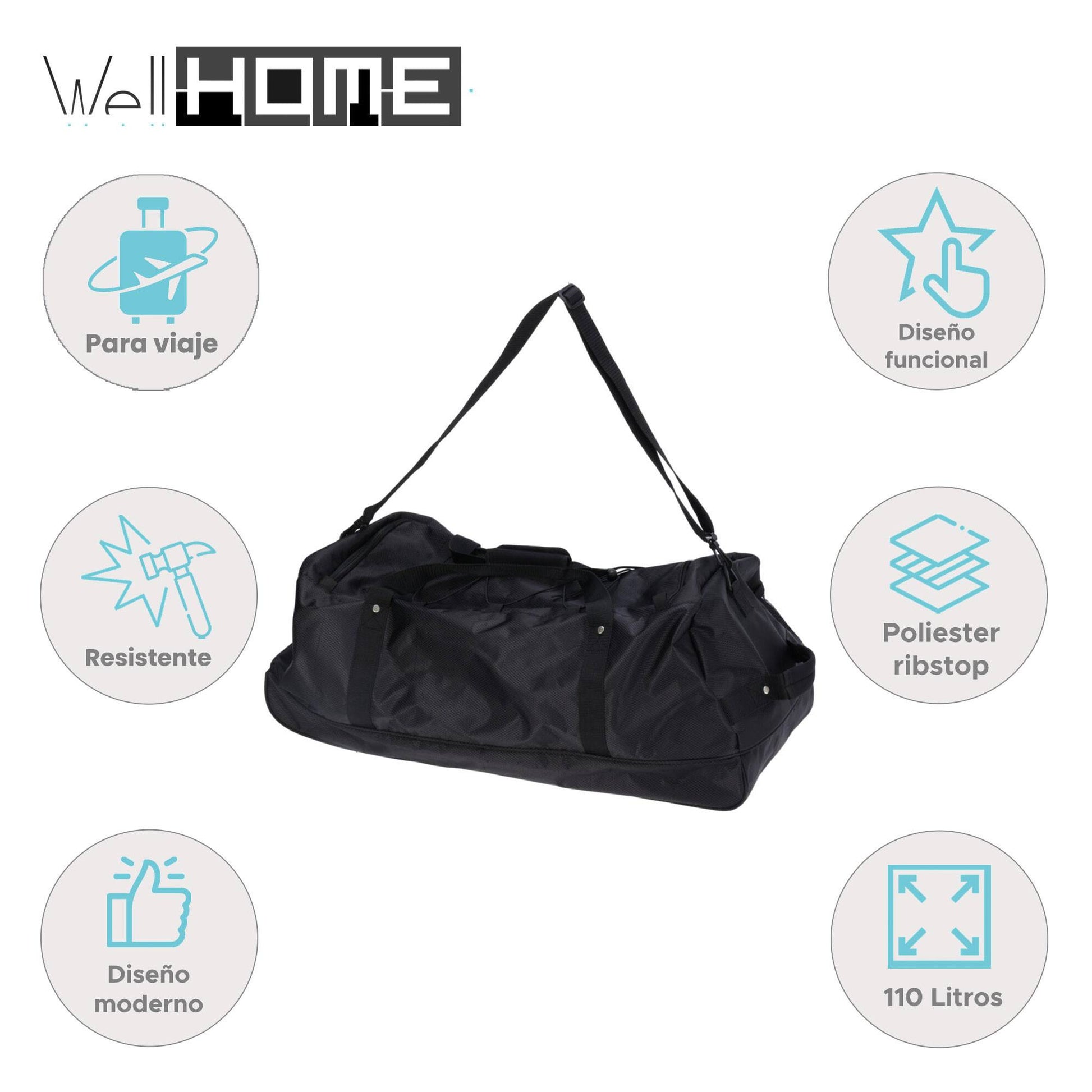 Well Home Bolsa De Viaje De 110l Negro Con Ruedas Y Múltiples Compartimentos_1