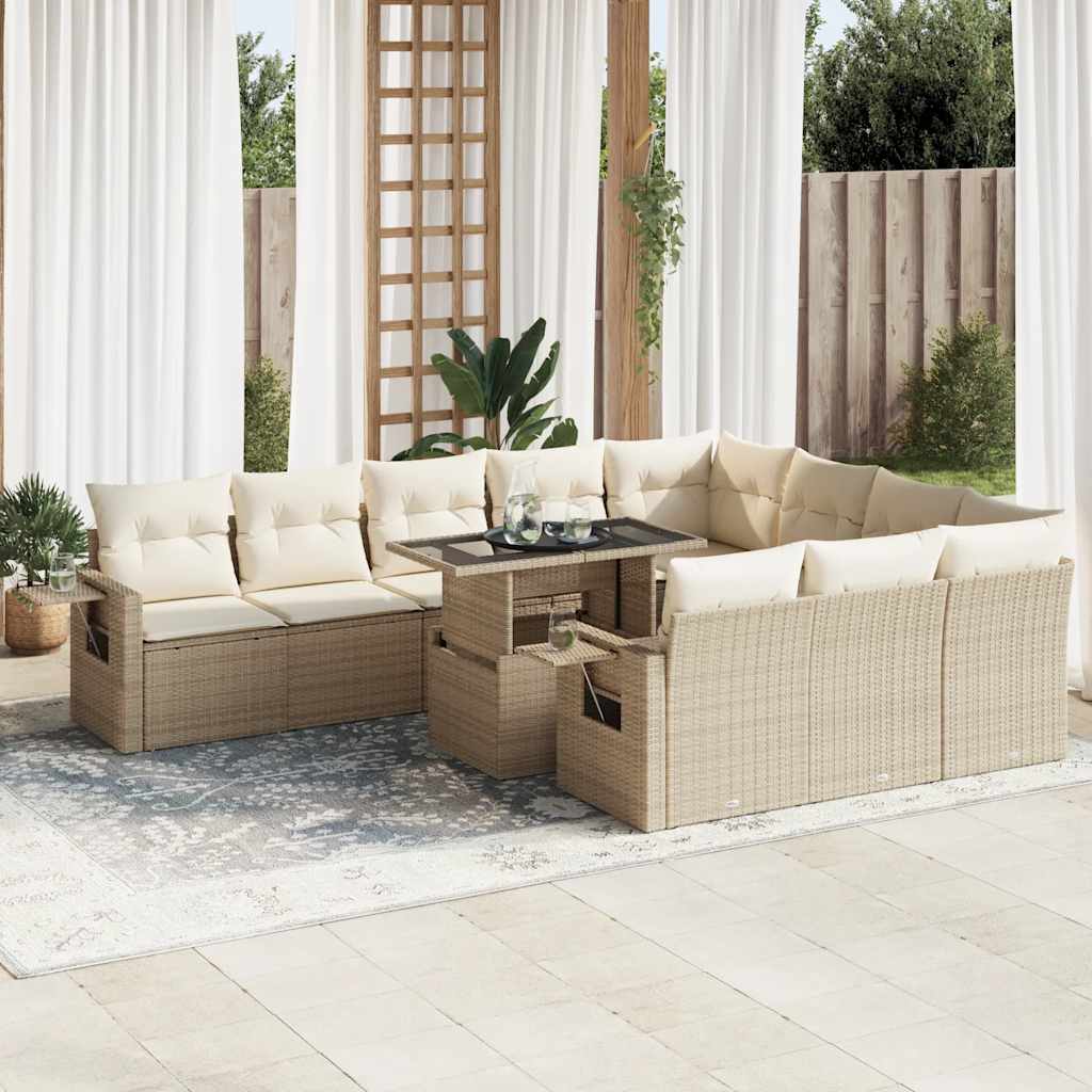Set De Sofás De Jardín 11pzas Con Cojines Ratán Sintético Beige / Vetonek_0