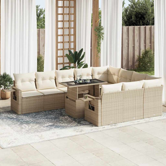 Set De Sofás De Jardín 11pzas Con Cojines Ratán Sintético Beige / Vetonek_0