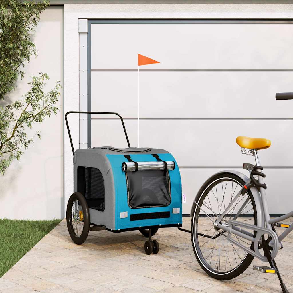 Remolque De Bicicleta Mascotas Hierro Tela Oxford Azul Gris_1
