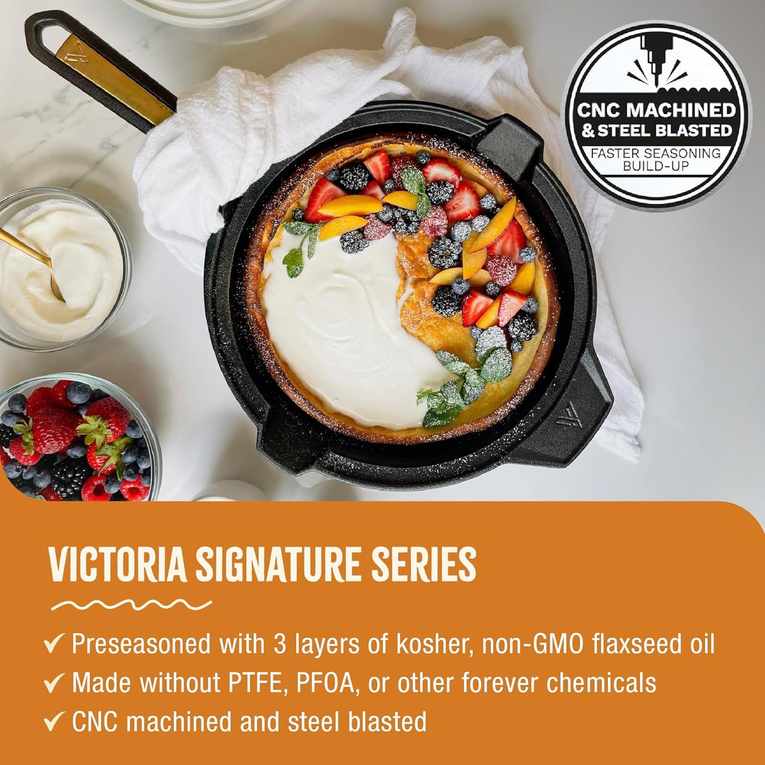 Victoria Sartén Hierro Fundido Curado Signature Gold Inducción 30cm, Apta Fuego, Barbacoa, Horno, Vitrocerámica_1