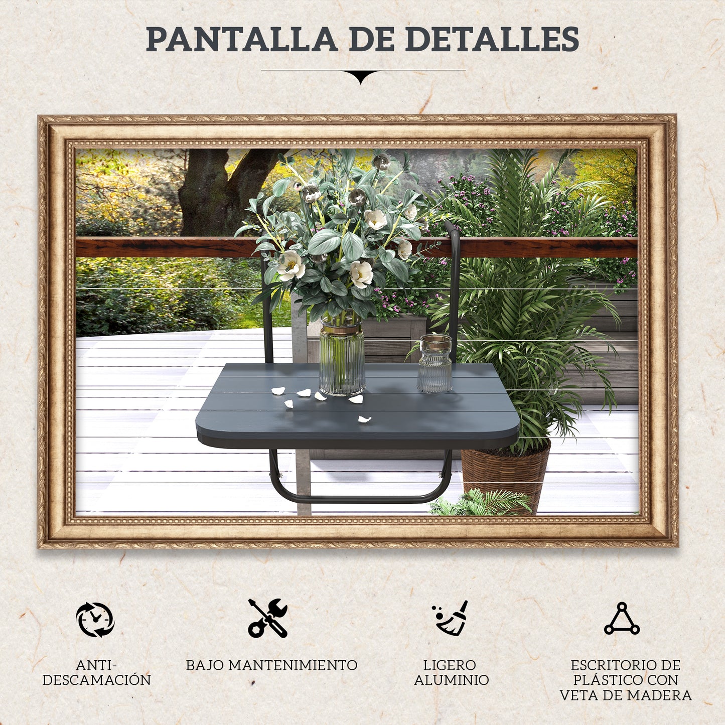 Outsunny Mesa Colgante De Balcón Plegable De Aluminio 60x40x55-64 Cm Negro_5