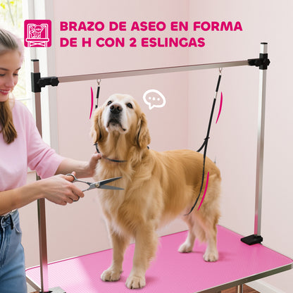 Pawhut Mesa De Peluquería Canina Plegable Con Cesta Metálica 107x60x164 Cm Rosa_5