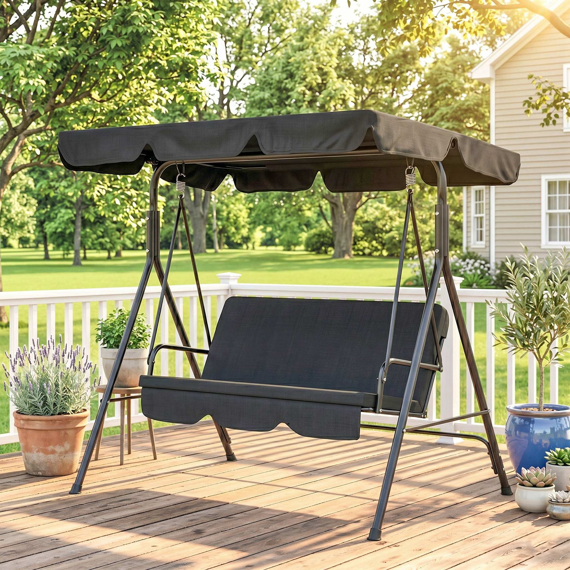 Outsunny Columpio De Jardín De 3 Plazas Con Techo Ajustable 172x110x153cm Negro_3