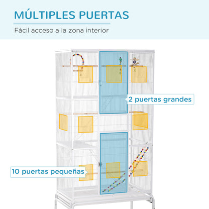 Pawhut Jaula Para Pájaros Con Ruedas Comederos Perchas 83x53x180 Cm Blanco_3