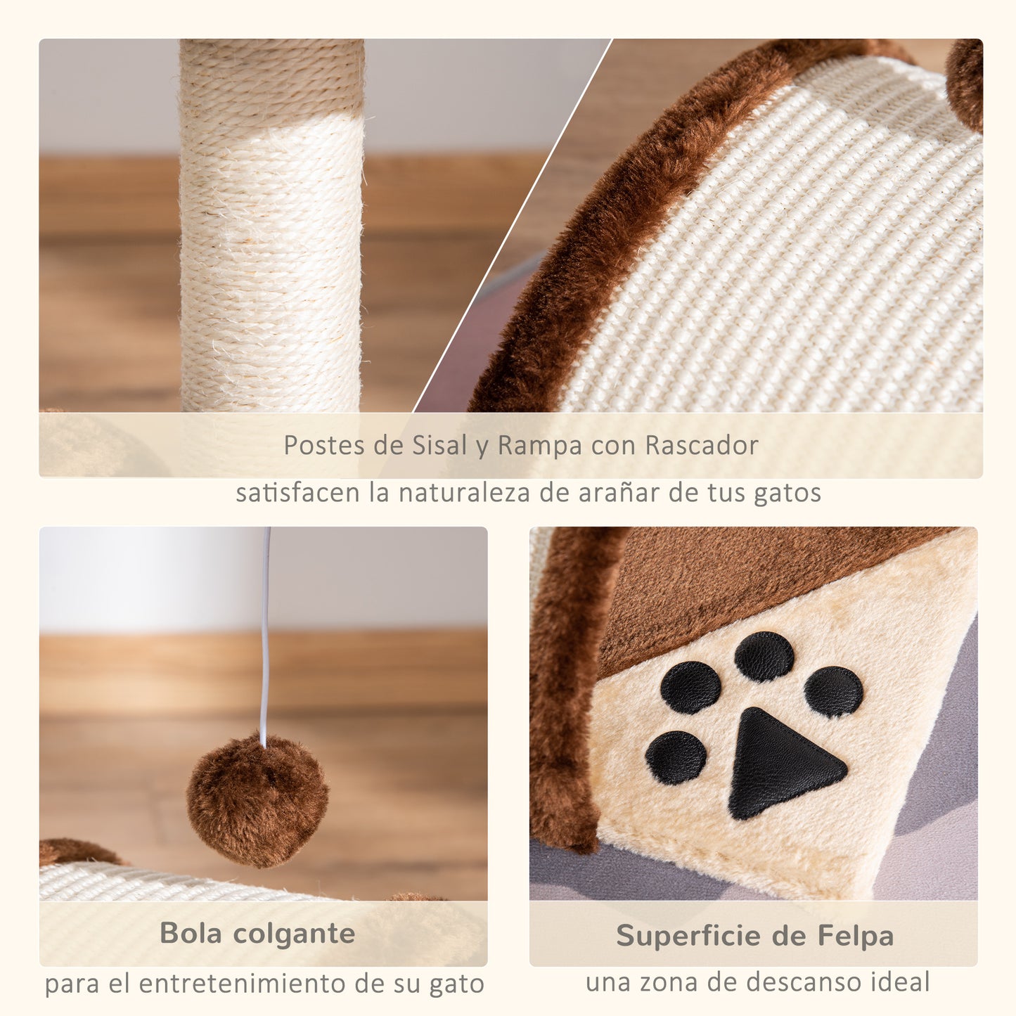Pawhut Árbol Rascador Para Gatos 2 Niveles Con Poste Tablero Para Rascar Marrón_4