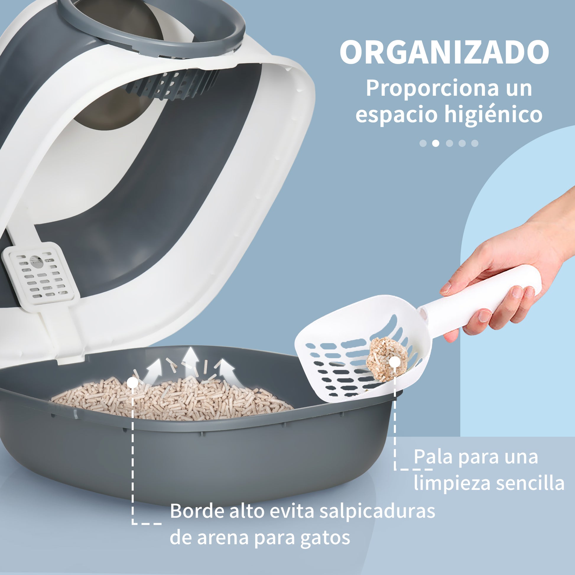 Pawhut Arenero Para Gatos Cubierto Plegable Con Pala 52x41x38 Cm Blanco Y Gris_4