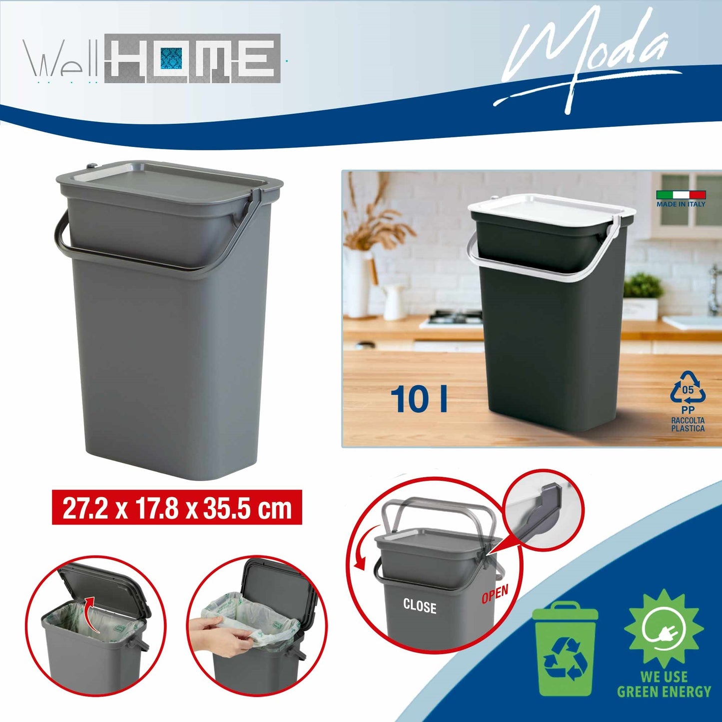 Set De 4 Papeleras moda 5l/10l/25l/40l Grafito Con Asa_2