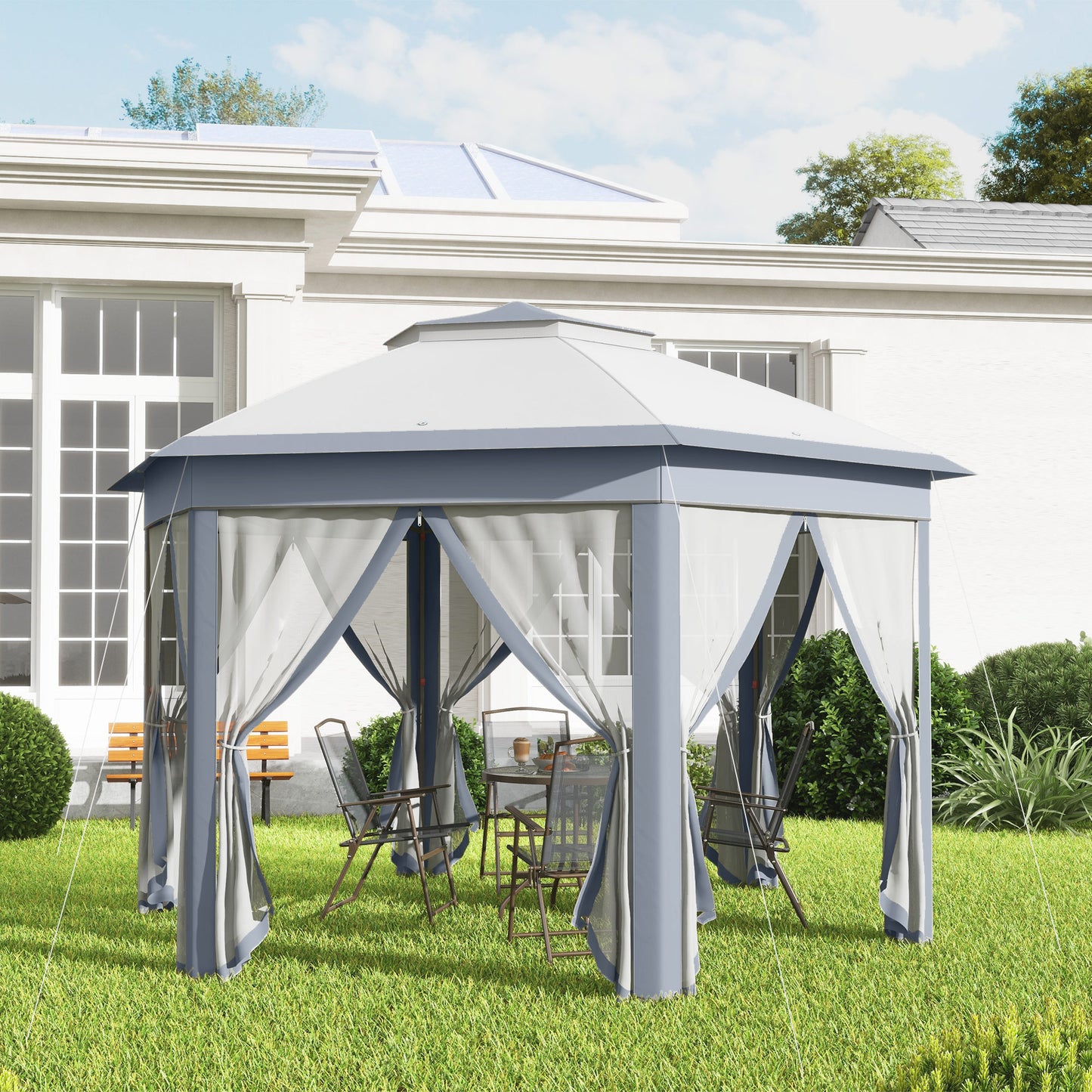 Outsunny Carpa Plegable 4x3,4 M Con Doble Techo 6 Mosquiteras Anti-uv Gris_3