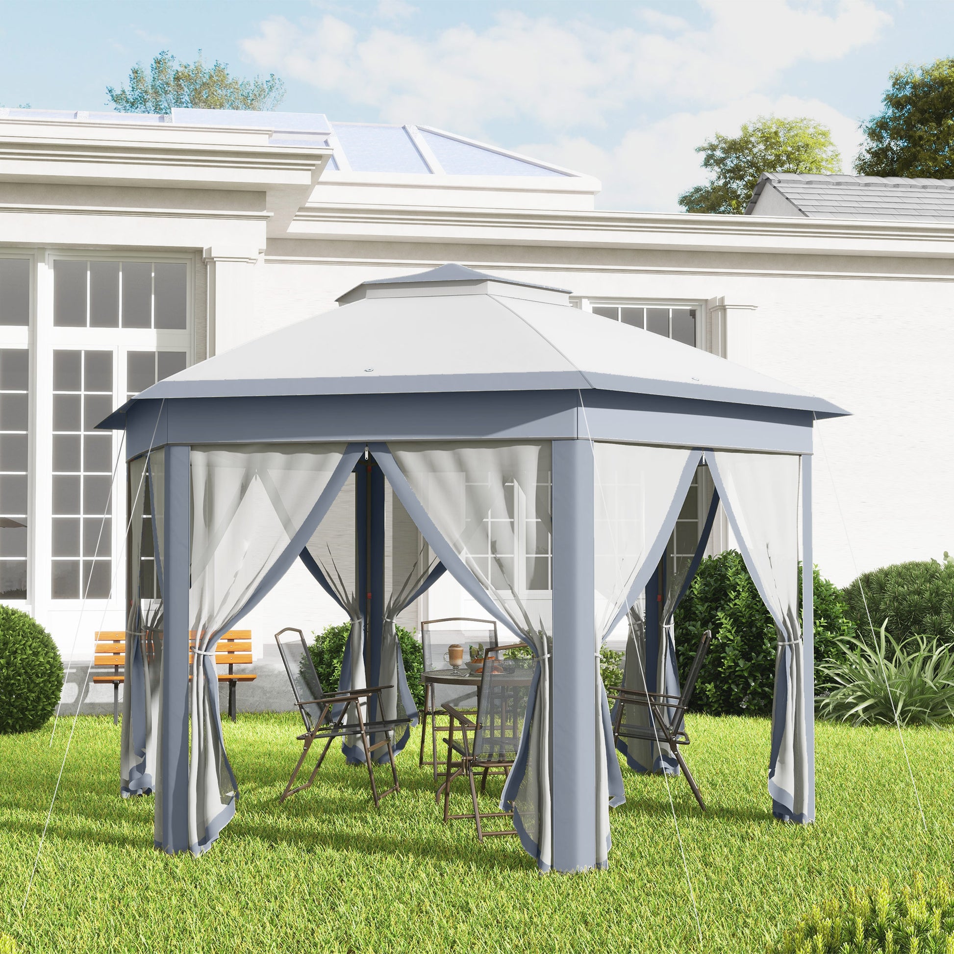 Outsunny Carpa Plegable 4x3,4 M Con Doble Techo 6 Mosquiteras Anti-uv Gris_3