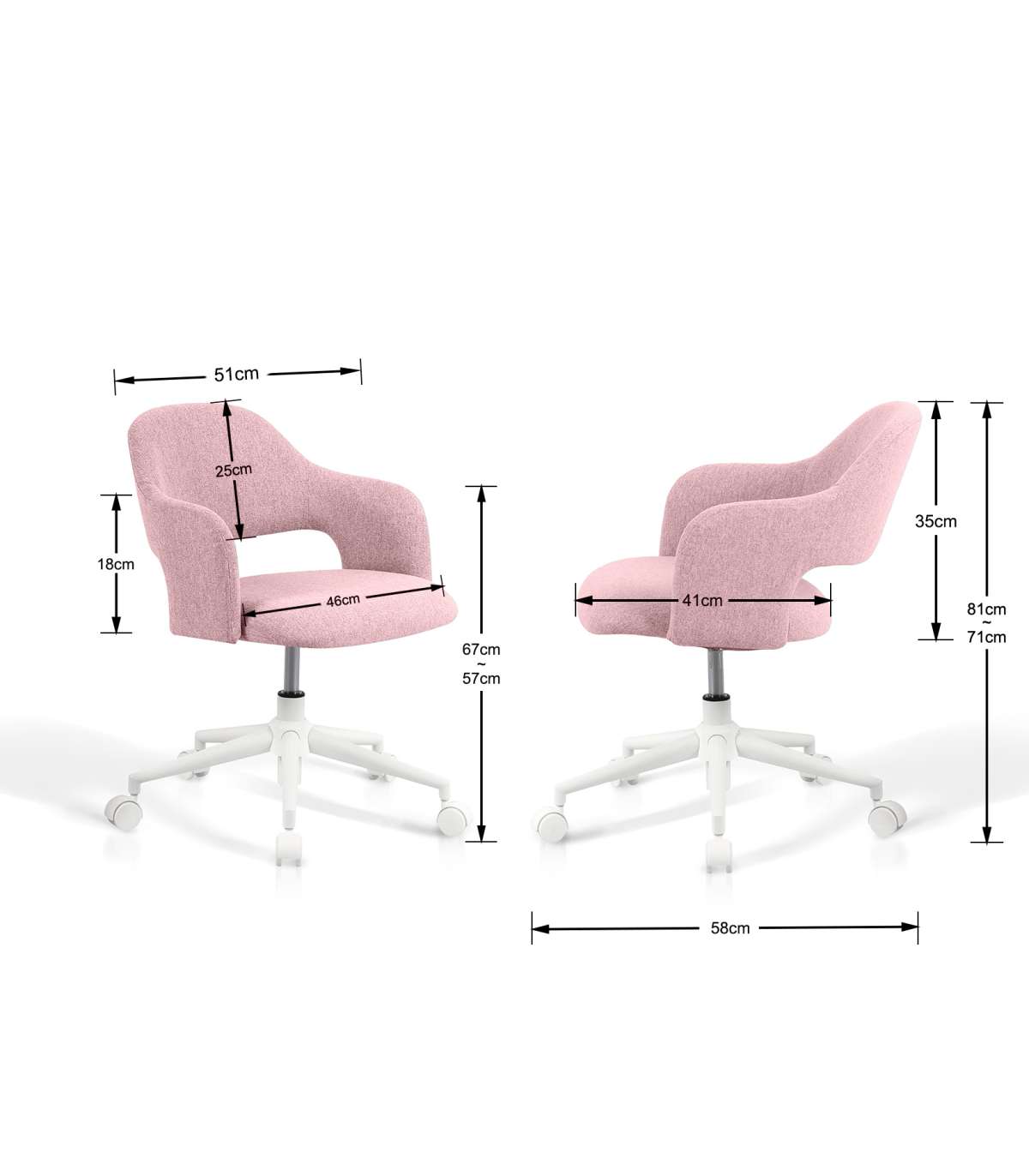 Silla Despacho Giratoria Elevable Acabado Rosa, 58m(ancho) 71/81cm(altura) 58cm(fondo)_2