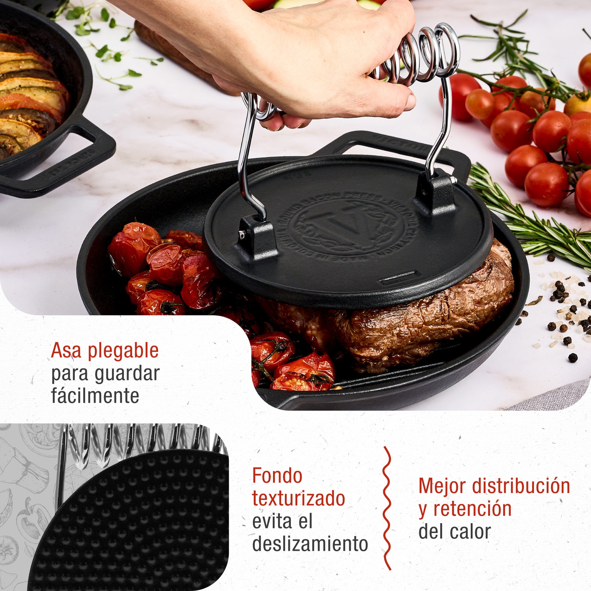 Victoria Prensa Hamburguesas Smash Burger Hierro Fundido Esmaltado 16,5cm Aplastador Carne Para Barbacoa, 36843, Negro_3