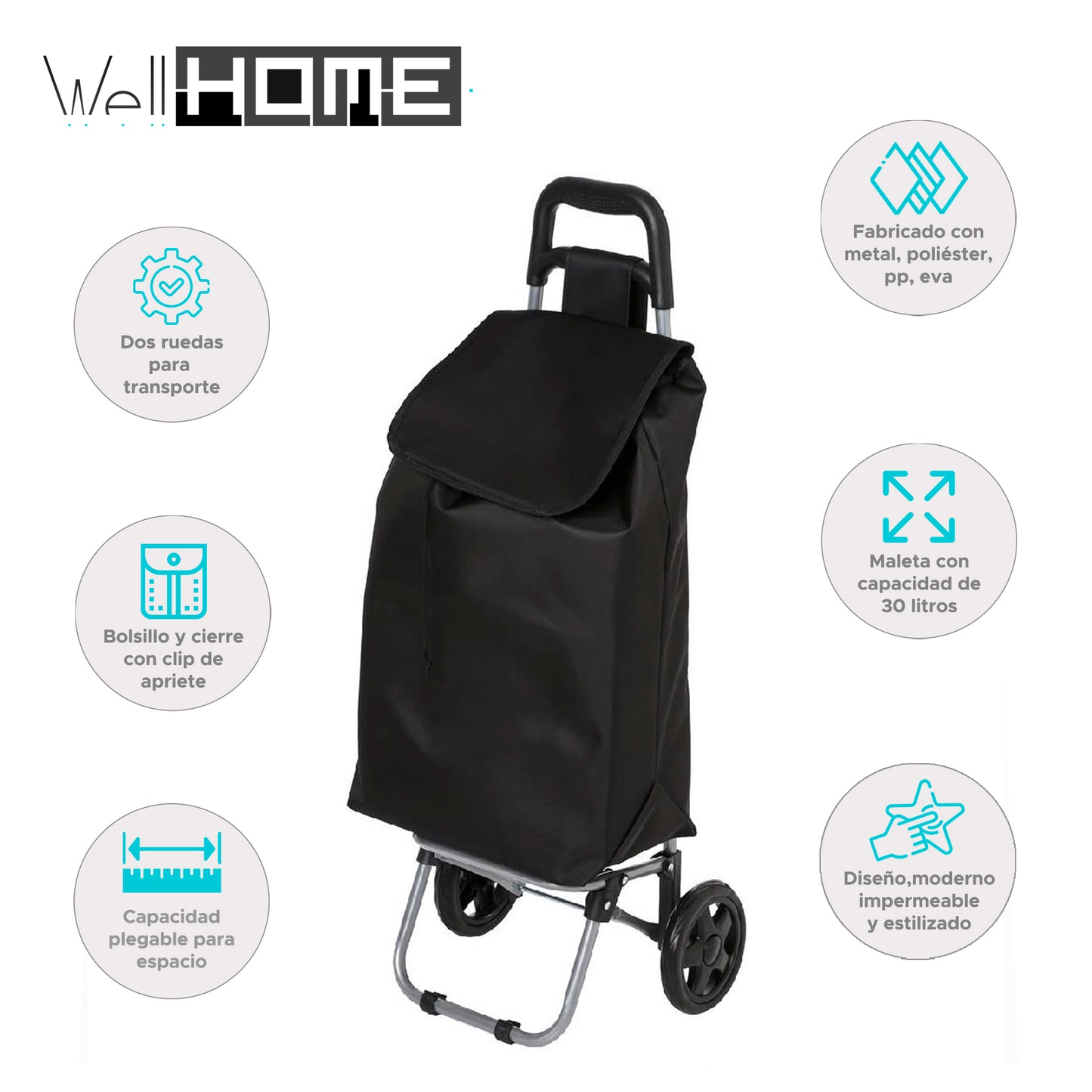 Wellhome - Carro De La Compra 2 Ruedas, 30 L., Negro_1