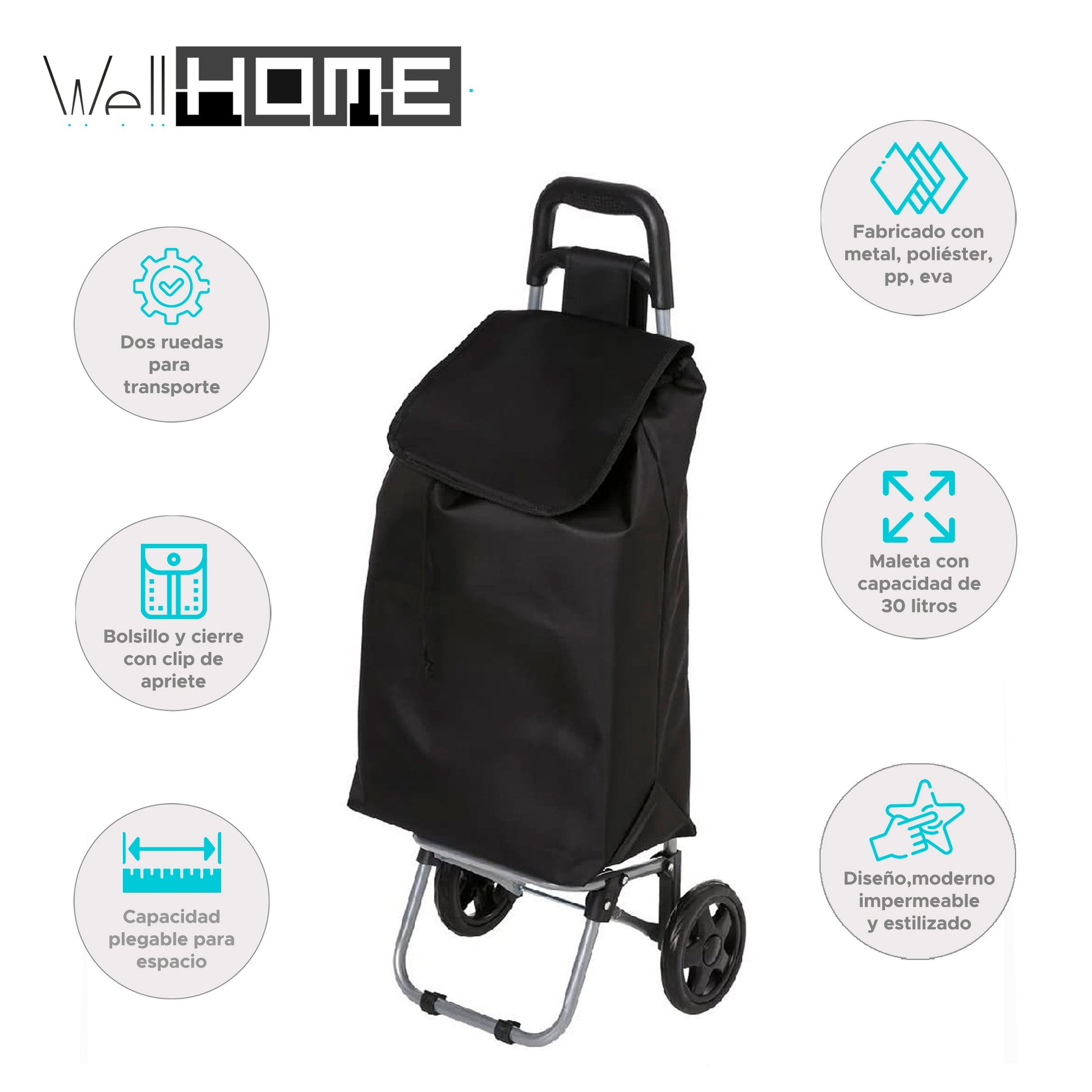 Wellhome - Carro De La Compra 2 Ruedas, 30 L., Negro_1
