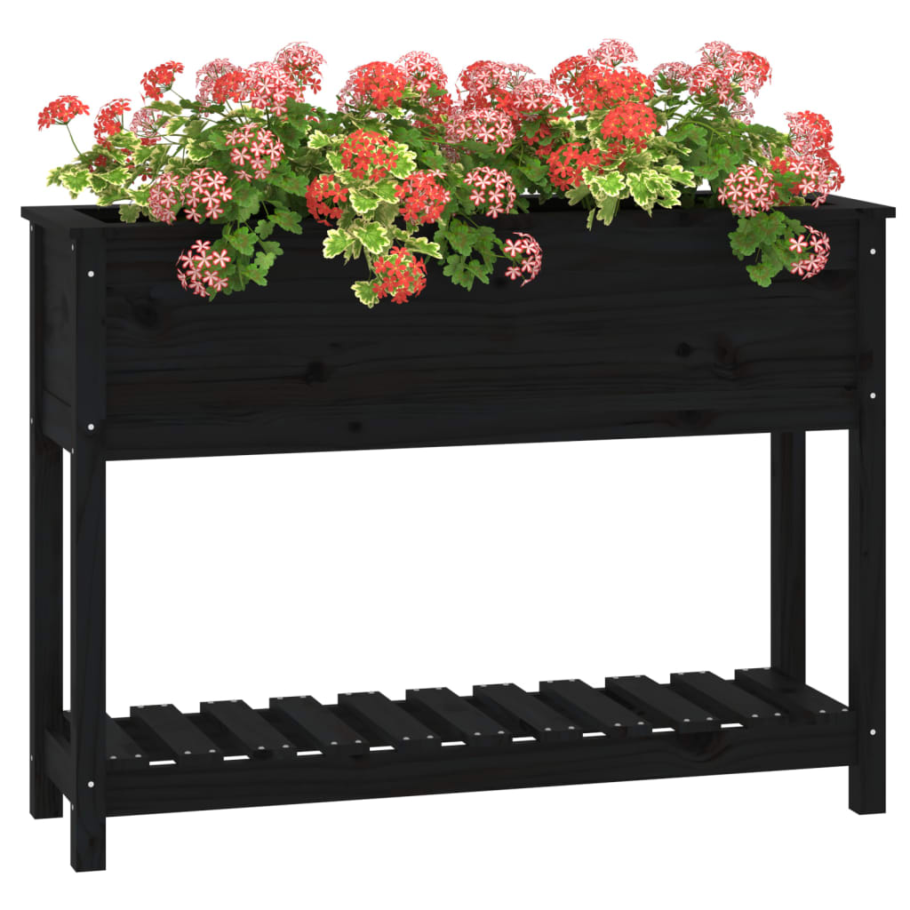 Jardinera Con Estante Madera Maciza Pino Negro 111,5x34,5x81 Cm_3