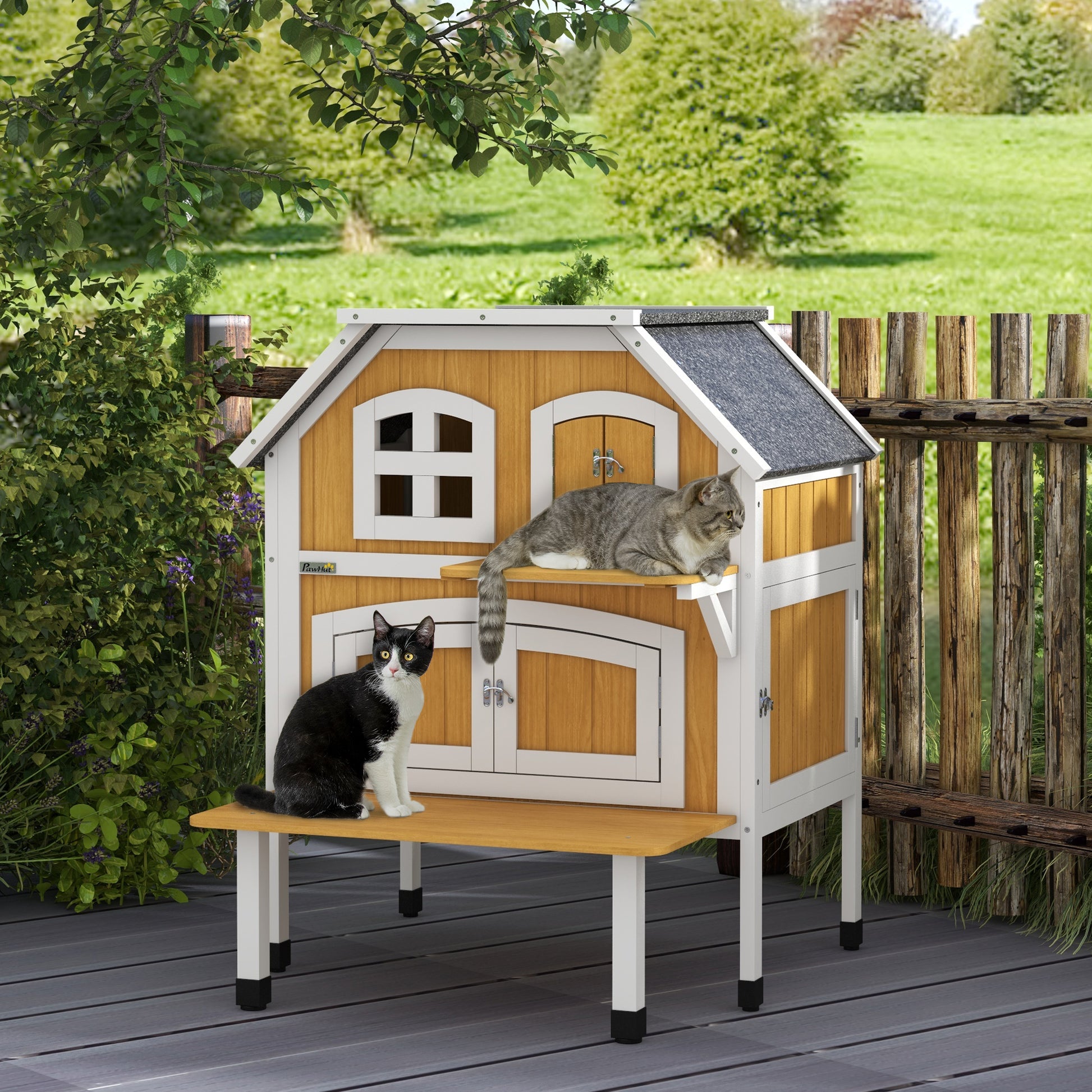 Pawhut Casa Para Gatos De Madera 78x82x93 Cm Con Techo Asfáltico Natural_1