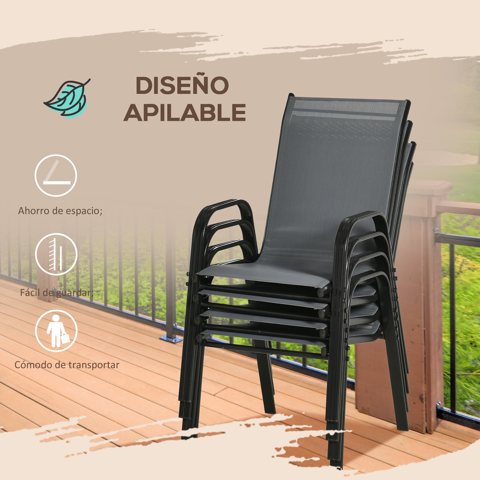 Outsunny Juego De 4 Sillas De Jardín Exterior 54x75,5x95 Cm Gris_4