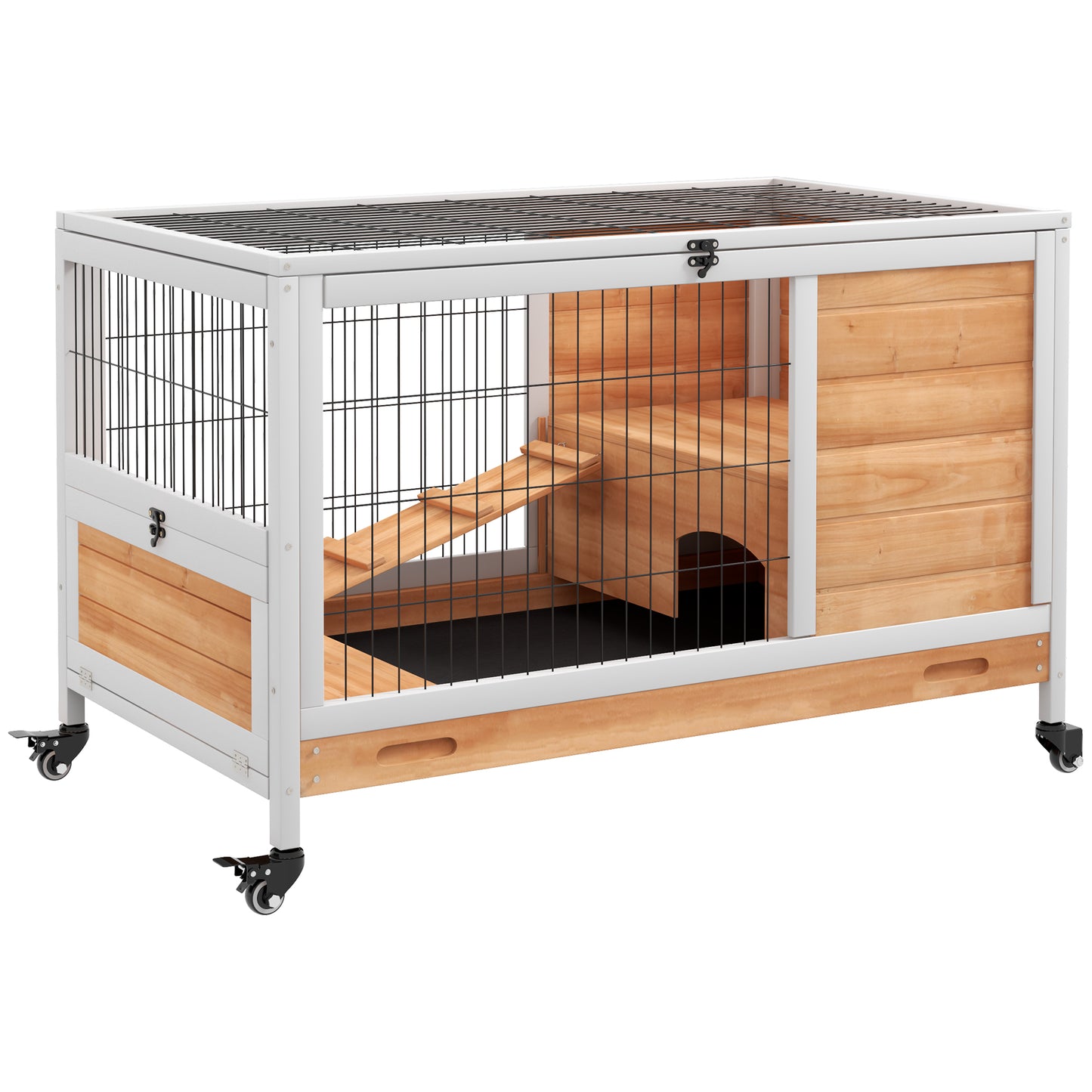 Pawhut Jaula Para Conejos De Madera 90x53x59cm Techo Abrible Rampa Bandeja_0
