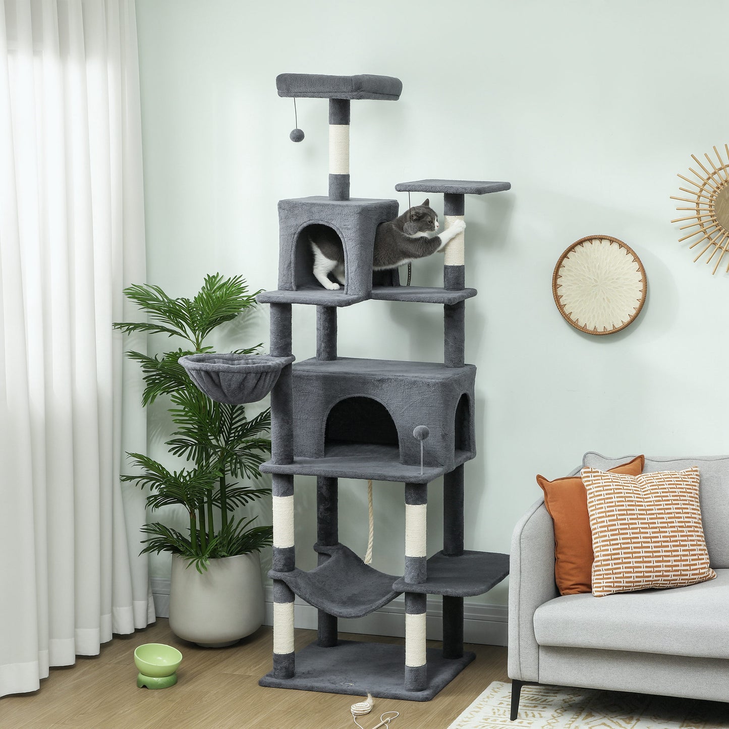 Pawhut Árbol Rascador Para Gatos 202 Cm Con Plataformas 2 Camas 2 Cuevas Gris_1