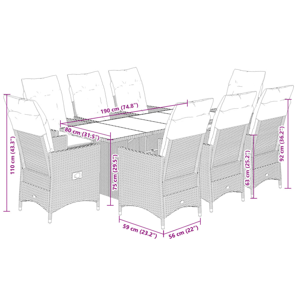 Set Comedor Para Jardín 9 Pzas Y Cojines Ratán Sintético Marrón / Vetonek_4
