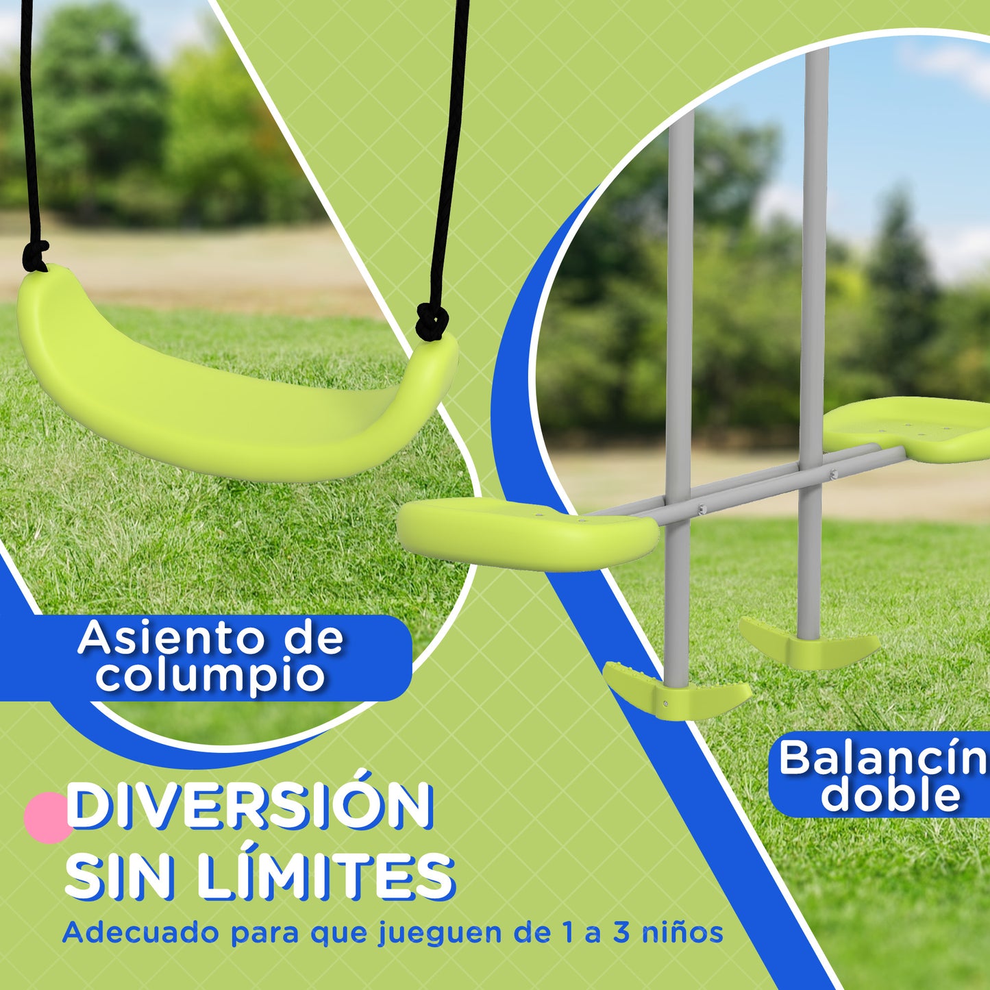 Outsunny Columpio Para Niños Con 1 Columpio Simple Y 1 Planeador Gris Y Verde_3