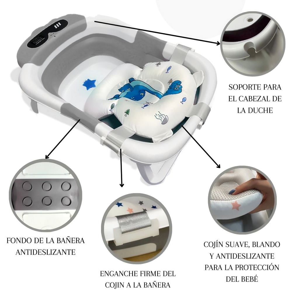 Bathby Bañera Plegable Para Bebés Recién Nacidos, Cojín Dinosaurio, Termómetro, Patas Antideslizantes (gris Dinosaurio)