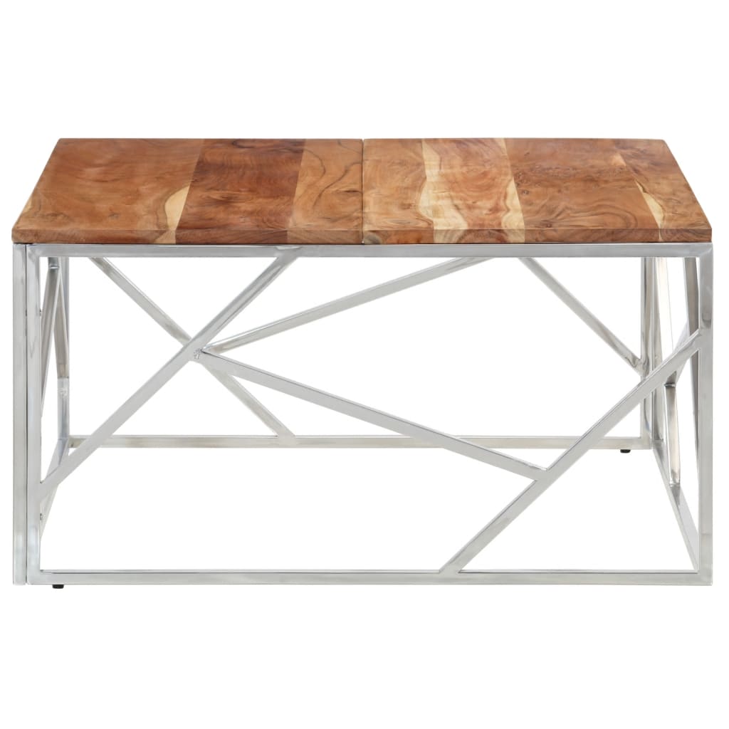 Mesa De Centro Acero Inoxidable Plateado Y Madera Maciza Acacia_2