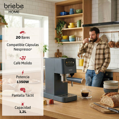 Briebe Nordic Cafetera Espresso 20 Bares Compatible Cápsulas Nespresso Y Café Molido Espumador Leche, Ec1180gry, Gris_2
