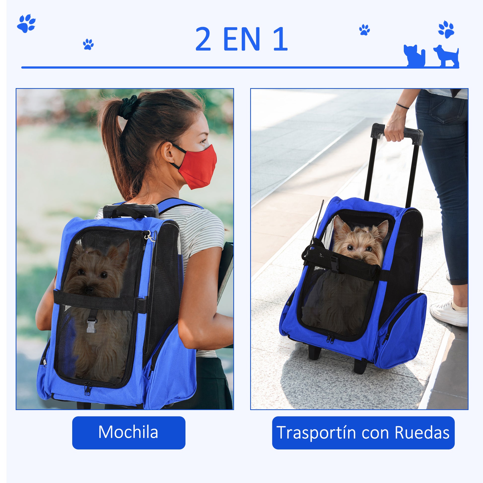 Pawhut Transportín 2 En 1 Para Mascotas Carrito Mochila Ruedas 42x25x55 Cm Azul_3