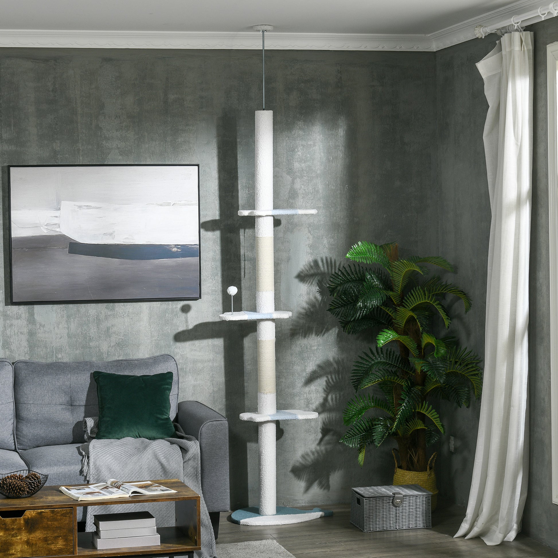 Árbol Rascador Para Gatos De Suelo A Techo Ajustable 55x38x225-255 Cm Blanco_1