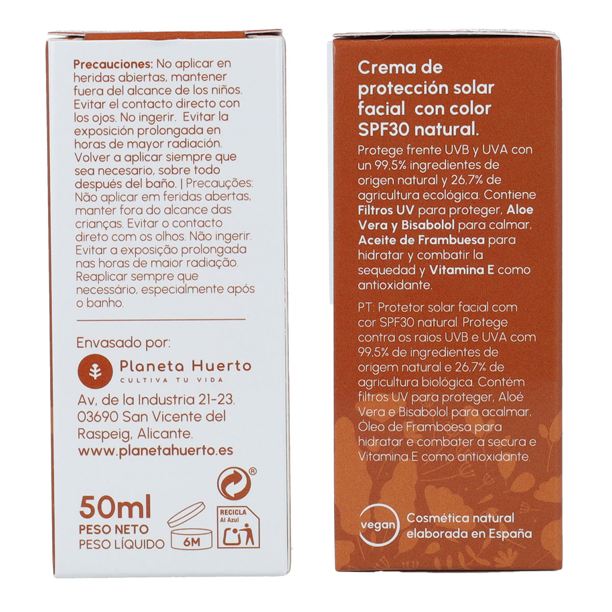 Crema de Protección Solar Facial con Color 100% mineral SPF30 Planeta Huerto 50 ml