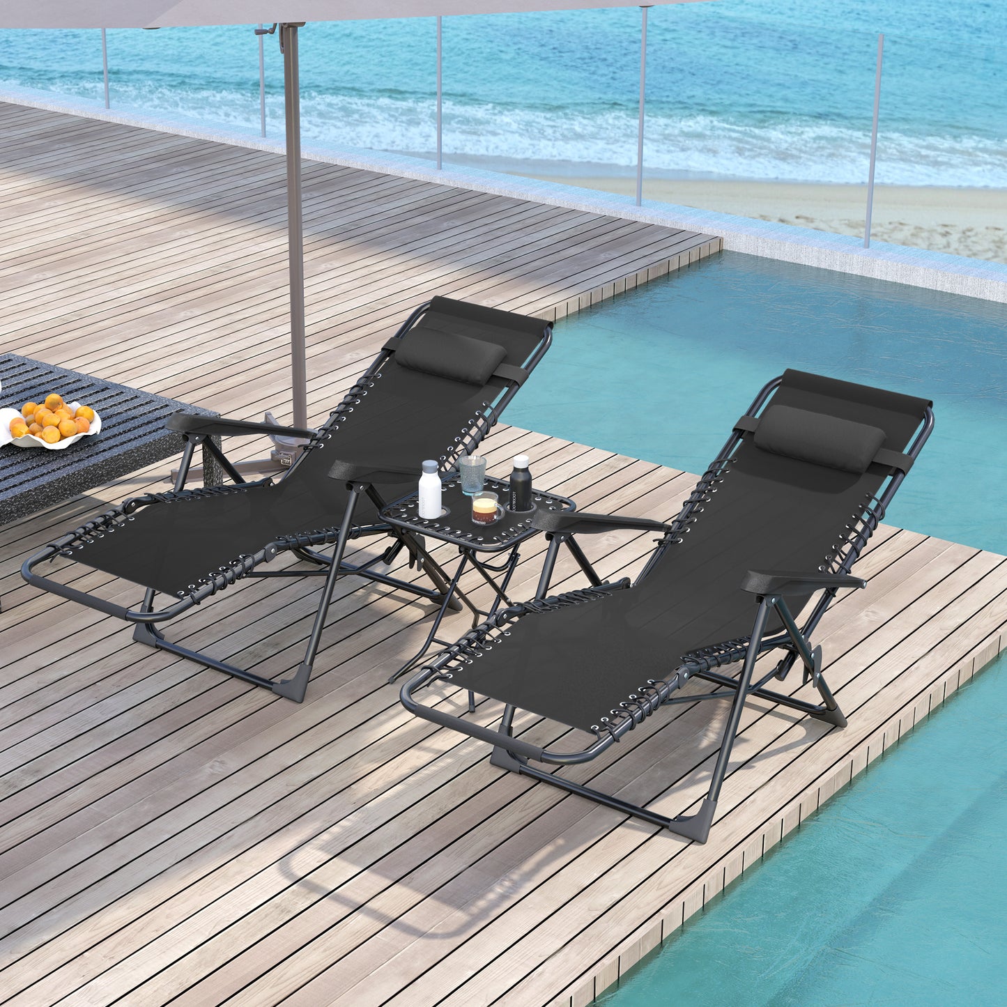 Outsunny Set De 2 Tumbonas Jardín Exterior Con Mesa Auxiliar Reposabrazos Negro_1